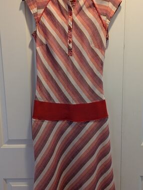 MGN Striped Capped Sleeves Midi Dress